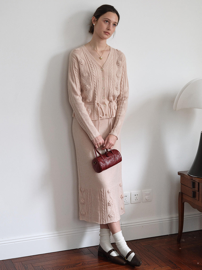 Lusa V-Neck Tie Waist Floral Embroidery Knit Cardigan