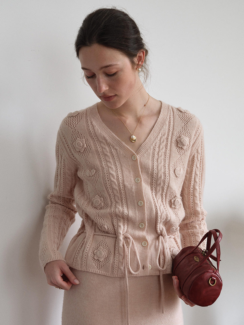 Lusa V-Neck Tie Waist Floral Embroidery Knit Cardigan