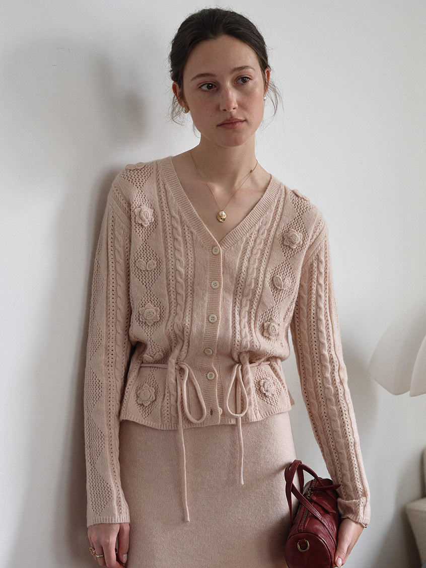 Lusa V-Neck Tie Waist Floral Embroidery Knit Cardigan