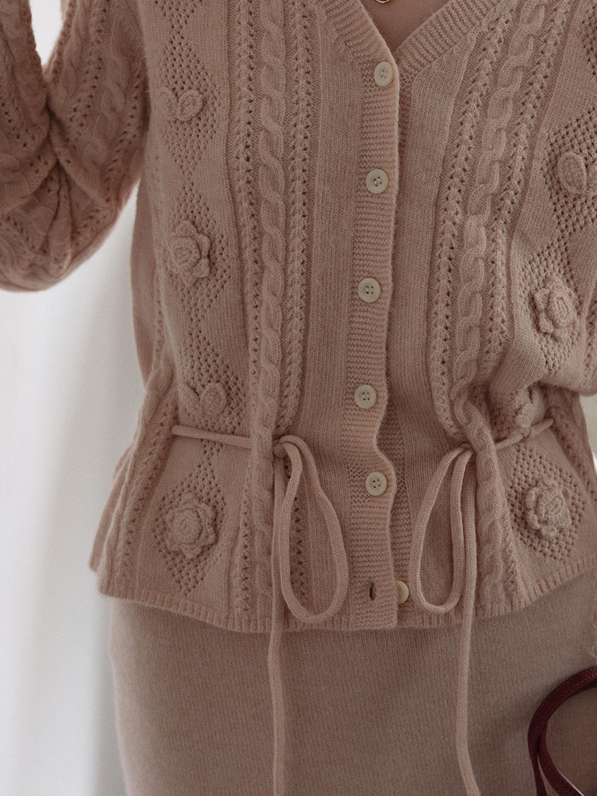 Lusa V-Neck Tie Waist Floral Embroidery Knit Cardigan