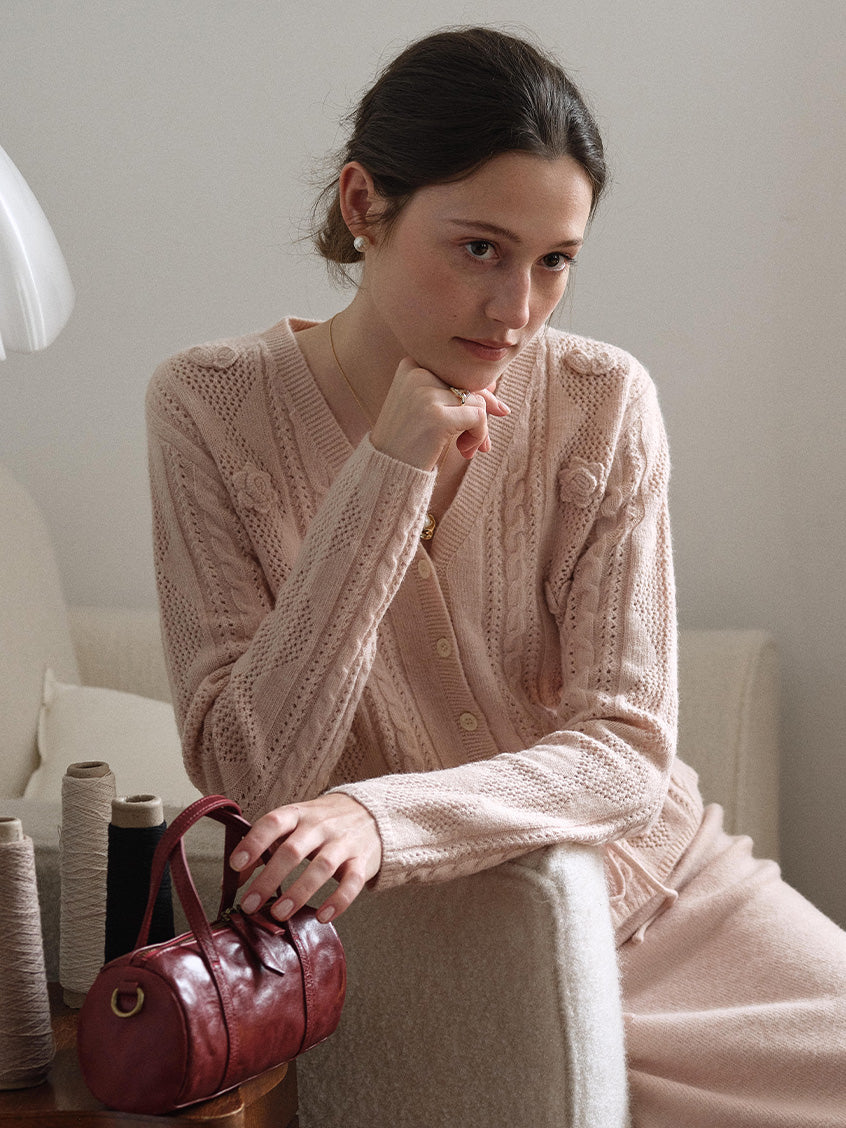 Lusa V-Neck Tie Waist Floral Embroidery Knit Cardigan