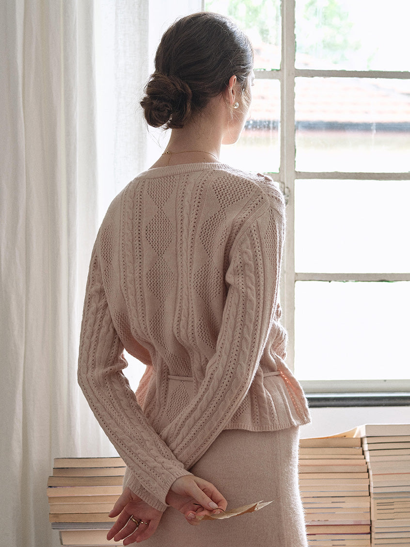 Lusa V-Neck Tie Waist Floral Embroidery Knit Cardigan