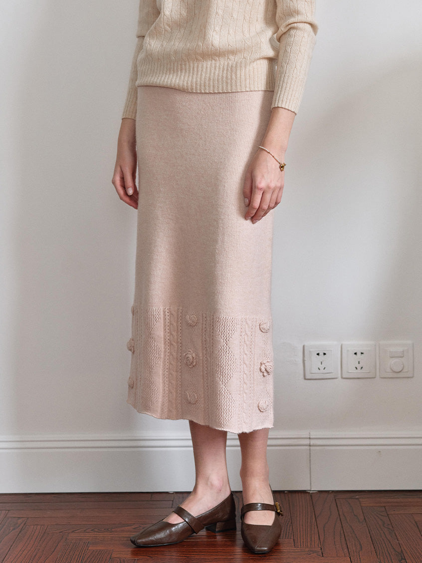 Lusa Floral Embroidery Knit Midi Skirt