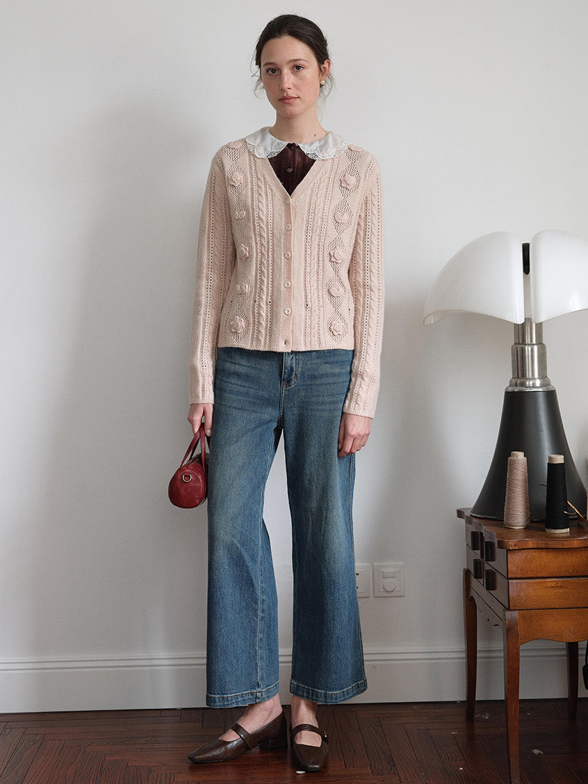 Lusa V-Neck Tie Waist Floral Embroidery Knit Cardigan