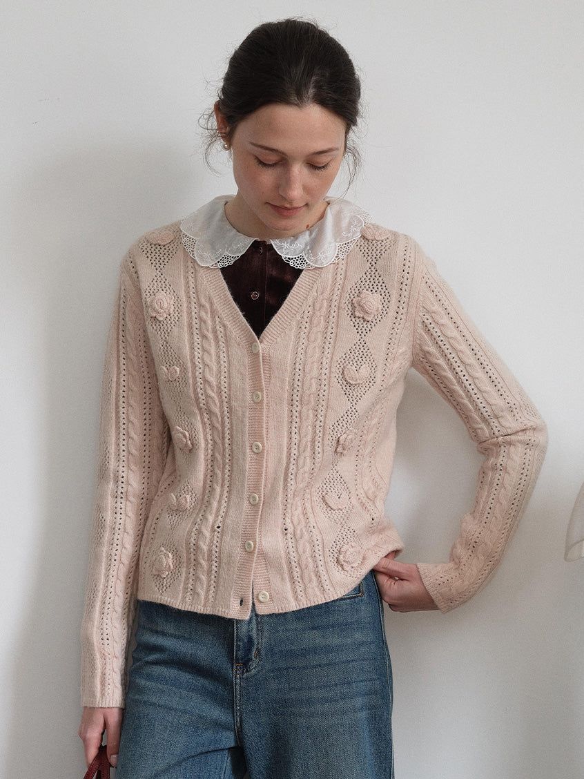 Lusa V-Neck Tie Waist Floral Embroidery Knit Cardigan