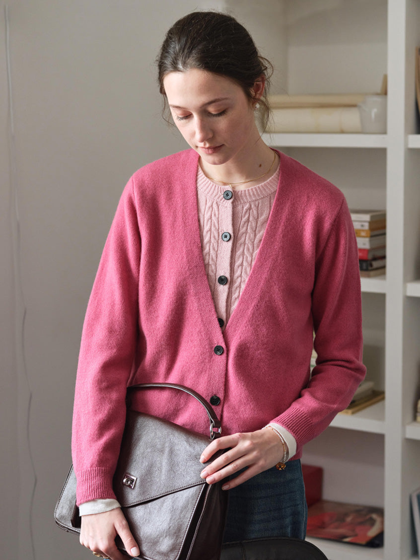 Ainhoa 100%Wool Drop Shoulder Versatile Cardigan Rosy Pink