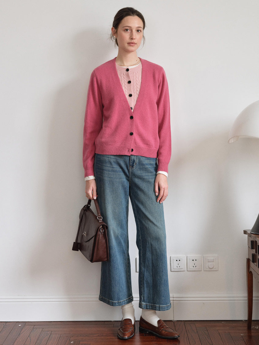 Ainhoa 100%Wool Drop Shoulder Versatile Cardigan Rosy Pink