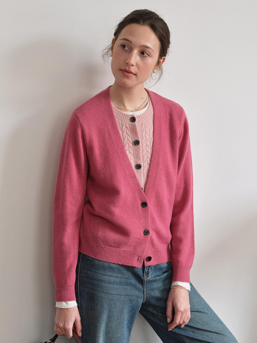 Ainhoa 100%Wool Drop Shoulder Versatile Cardigan Rosy Pink