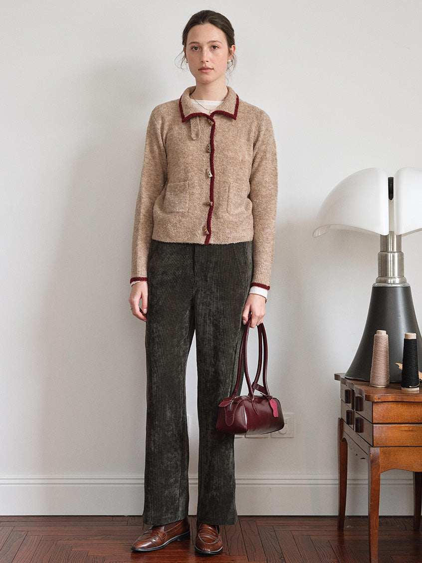 Kalliope Faux-Horn Button Contrast-Trim Cardigan