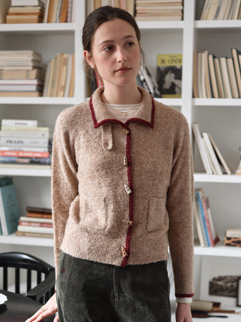 Kalliope Faux-Horn Button Contrast-Trim Cardigan