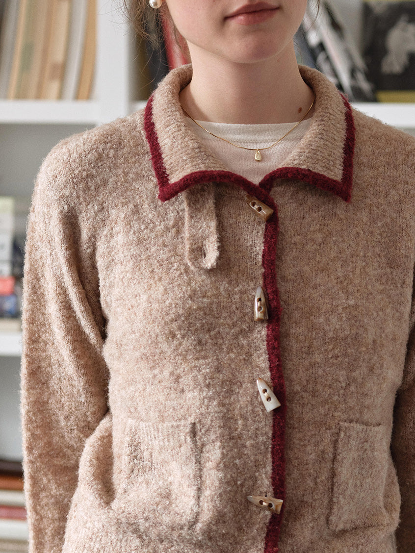 Kalliope Faux-Horn Button Contrast-Trim Cardigan