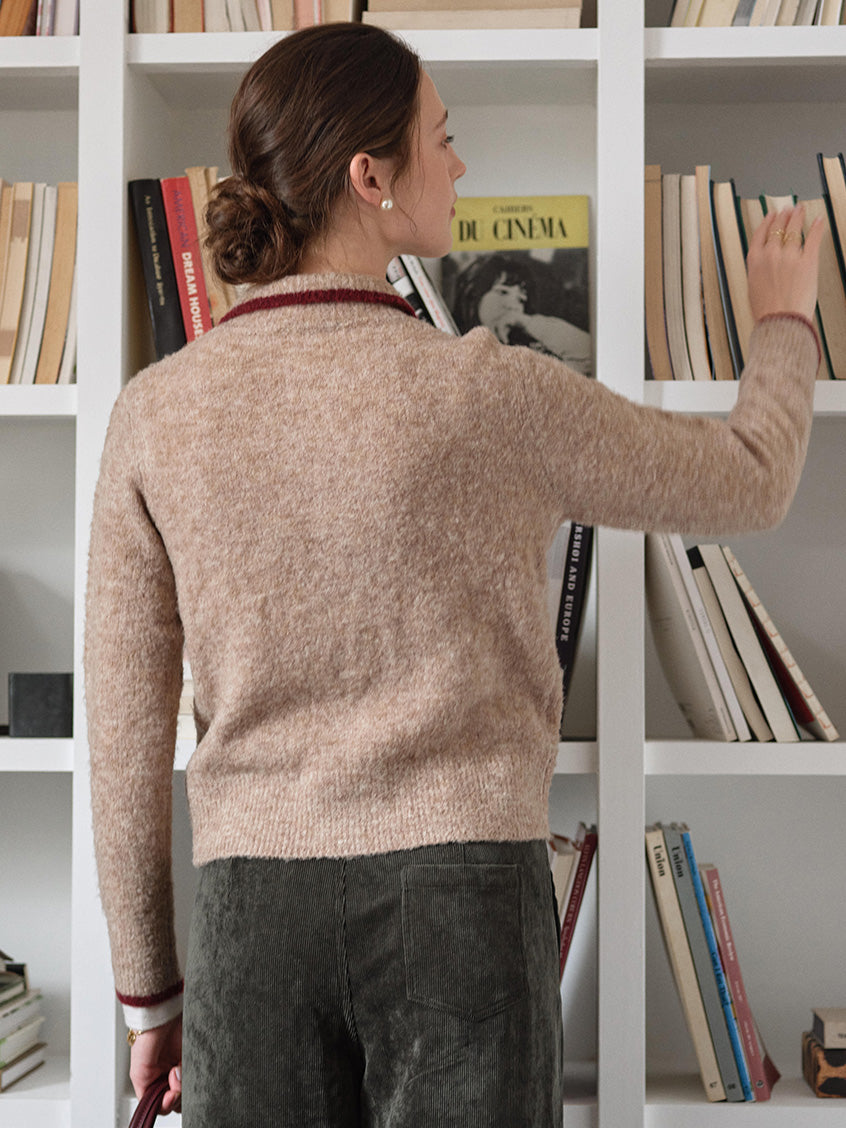 Kalliope Faux-Horn Button Contrast-Trim Cardigan