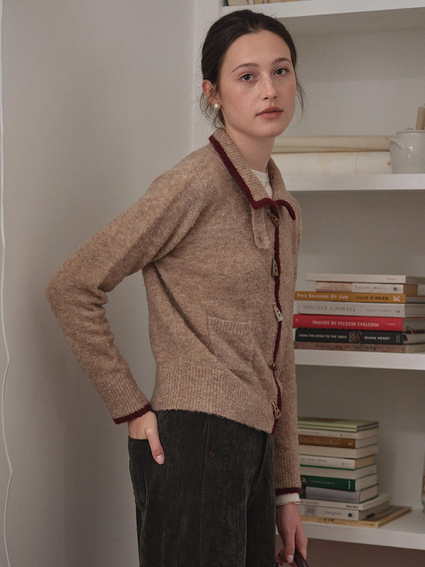 Kalliope Faux-Horn Button Contrast-Trim Cardigan