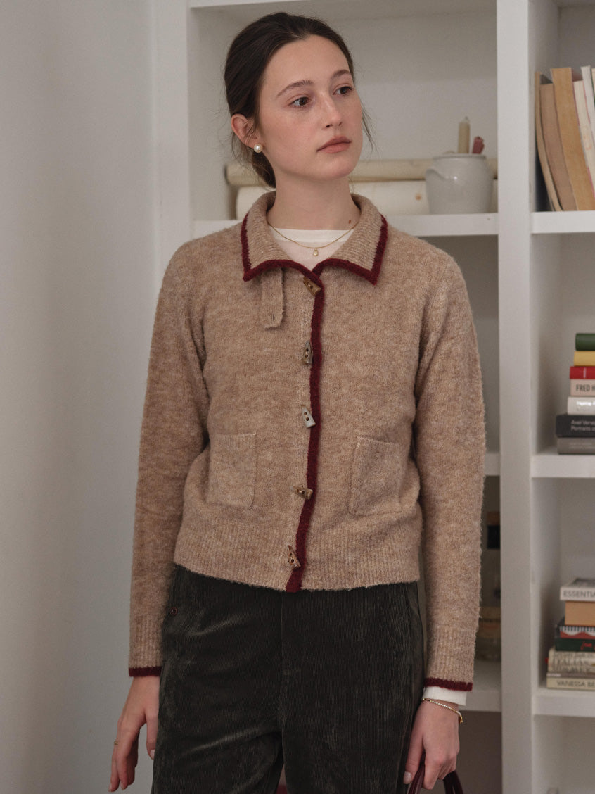 Kalliope Faux-Horn Button Contrast-Trim Cardigan