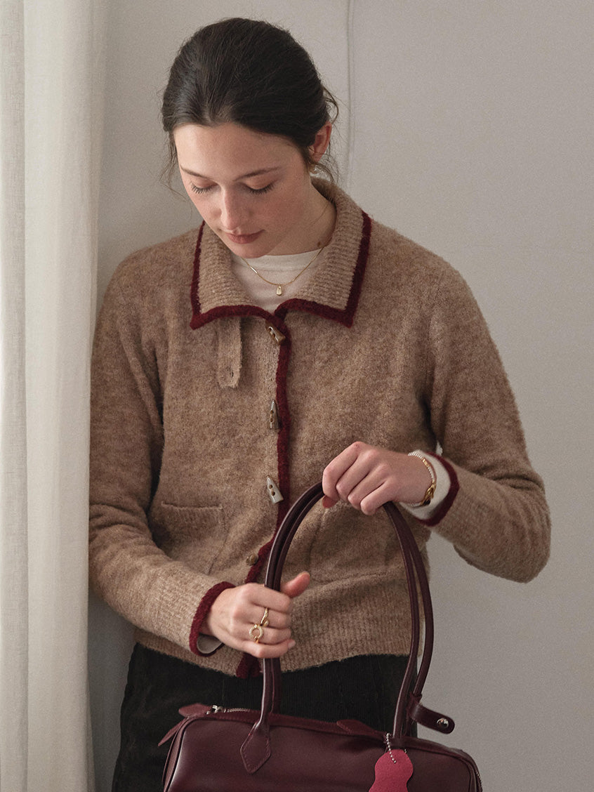 Kalliope Faux-Horn Button Contrast-Trim Cardigan