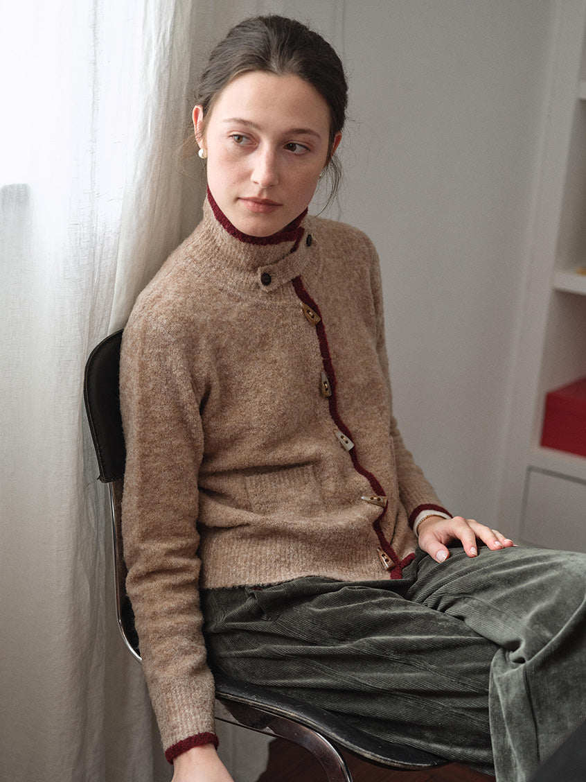 Kalliope Faux-Horn Button Contrast-Trim Cardigan