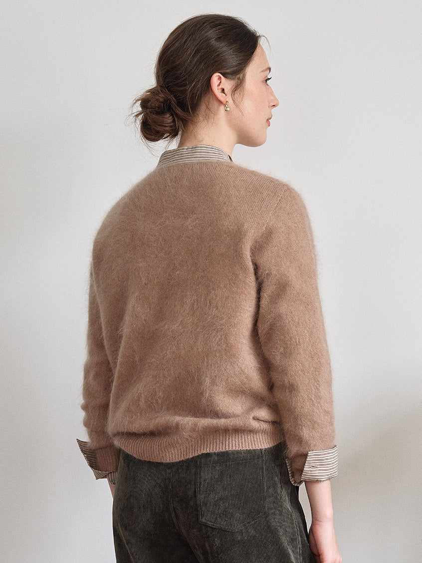 Alaiya V-Neck Lustrous Wool-Silk-Cashmere Sweater Light Brown