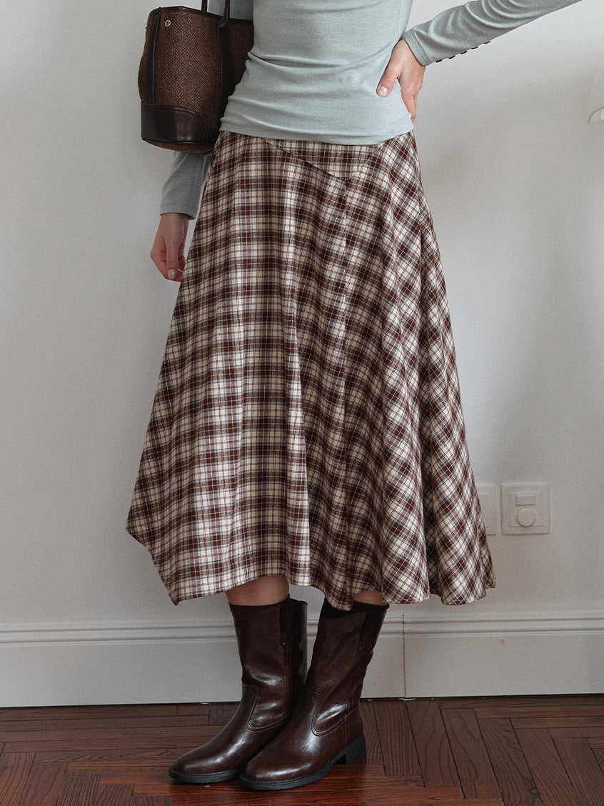 Varvara 100% Cotton Irregular-Hem Plaid Midi Skirt