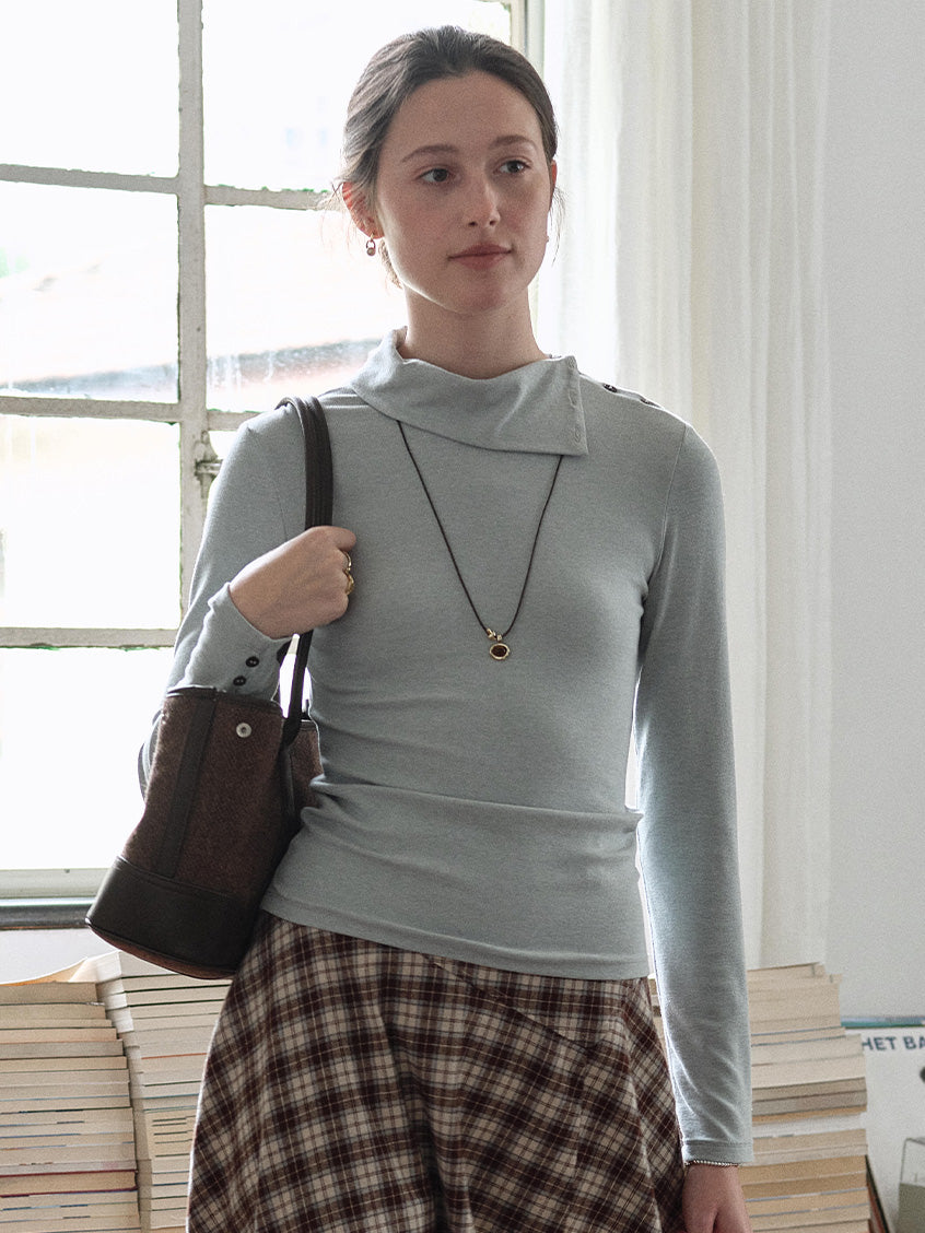 Janina Draped Collar Slim-Fit Ruched Top
