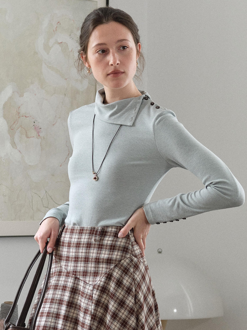 Janina Draped Collar Slim-Fit Ruched Top