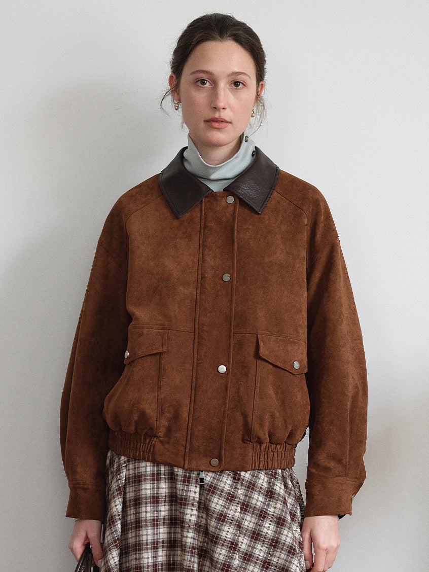 Lou Contrast-Collar Faux-Suede Zip Barn Jacket
