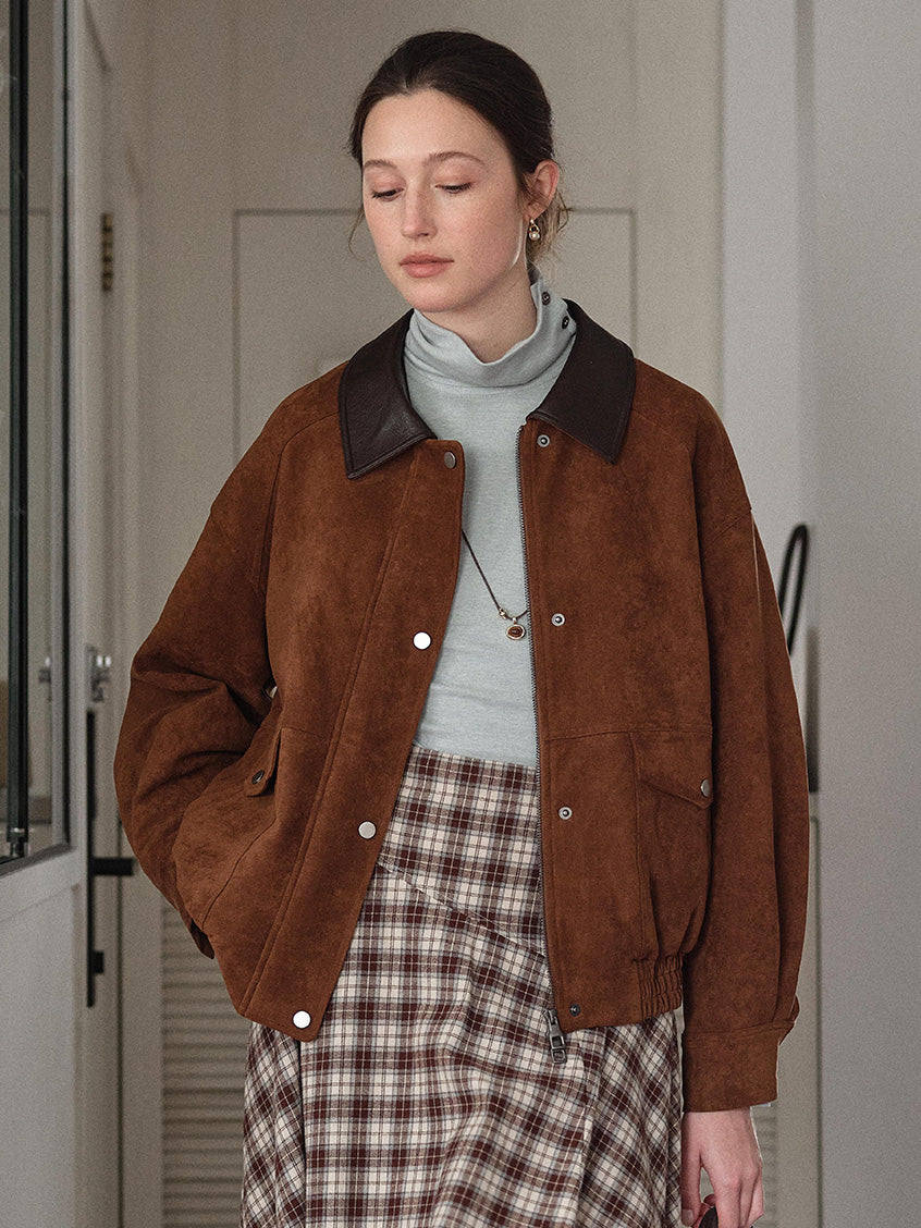 Lou Contrast-Collar Faux-Suede Zip Barn Jacket
