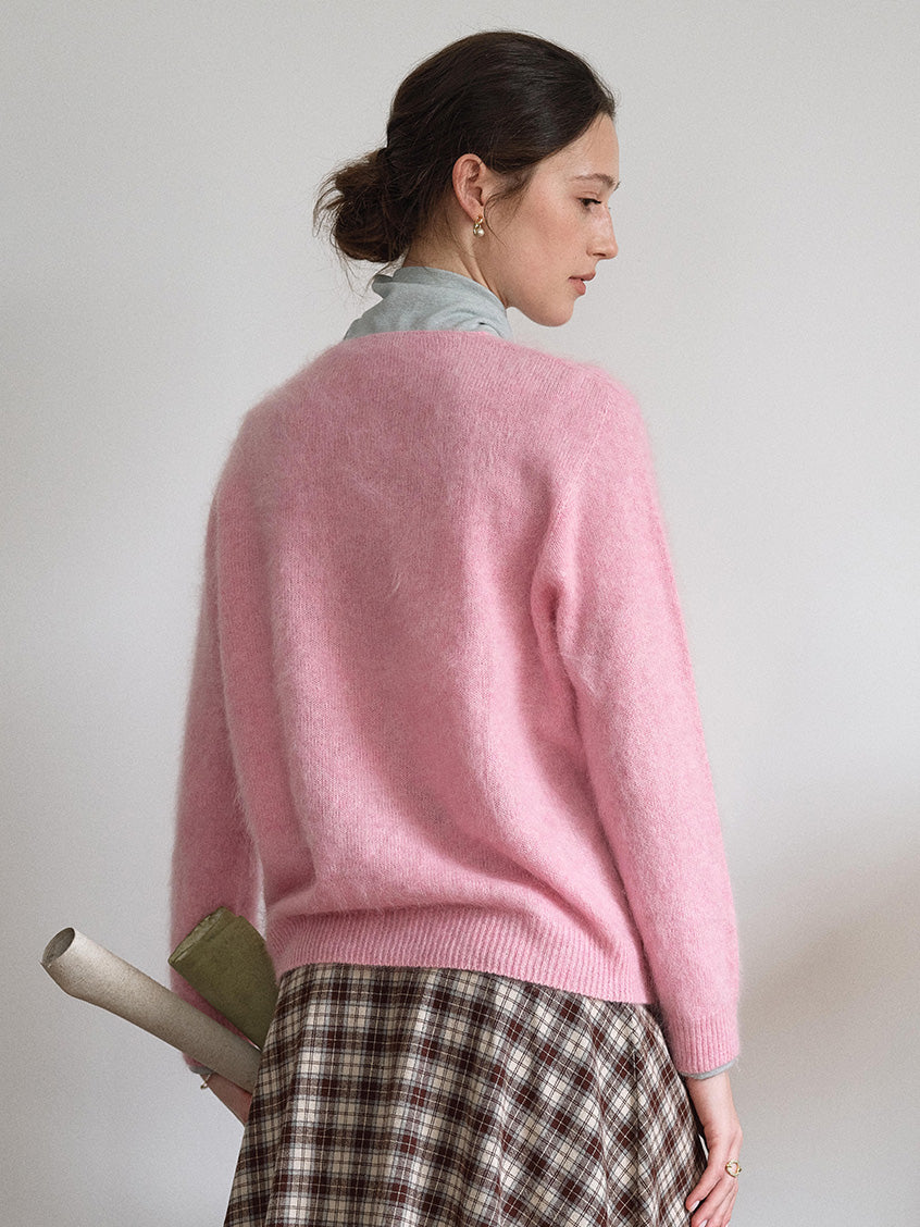 Alaiya V-Neck Lustrous Wool-Silk-Cashmere Sweater Pink