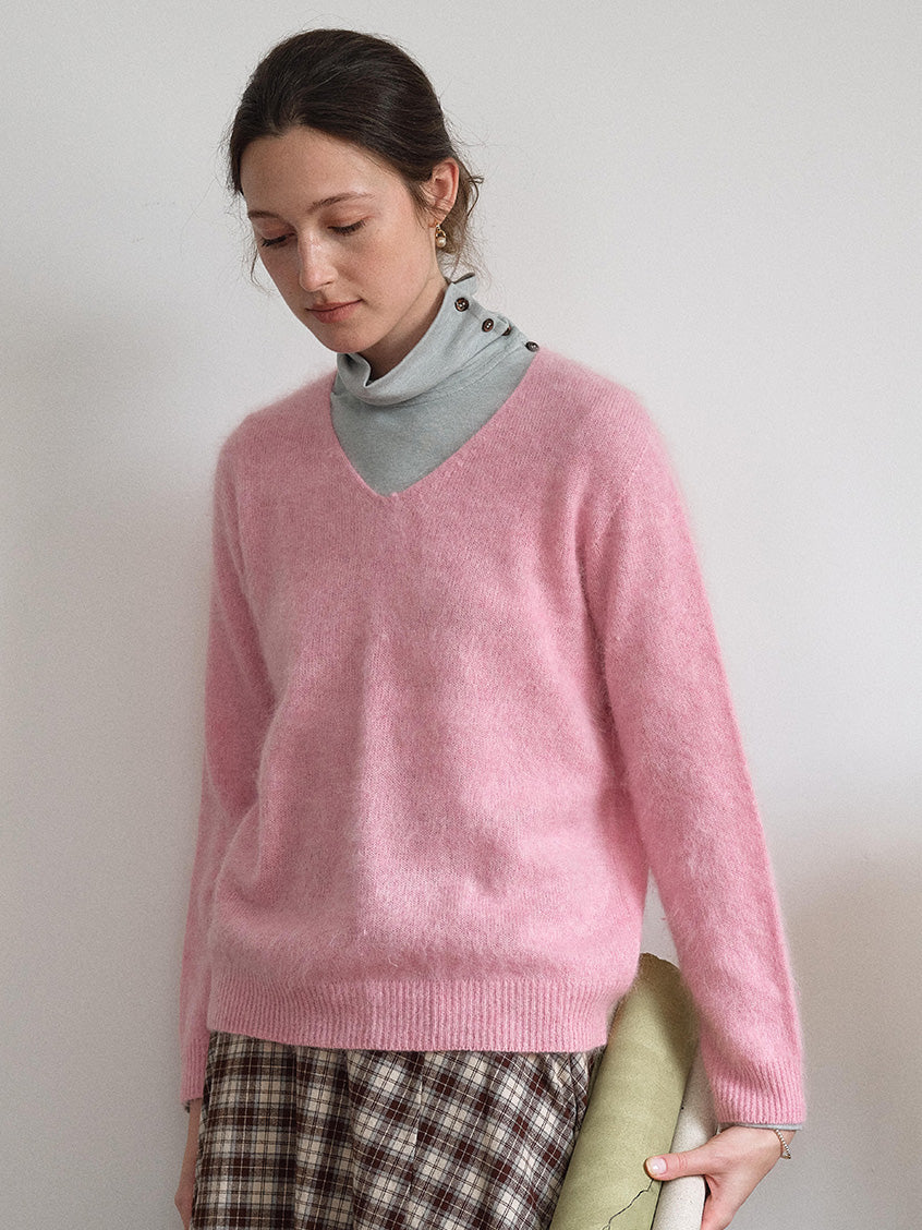 Alaiya V-Neck Lustrous Wool-Silk-Cashmere Sweater Pink