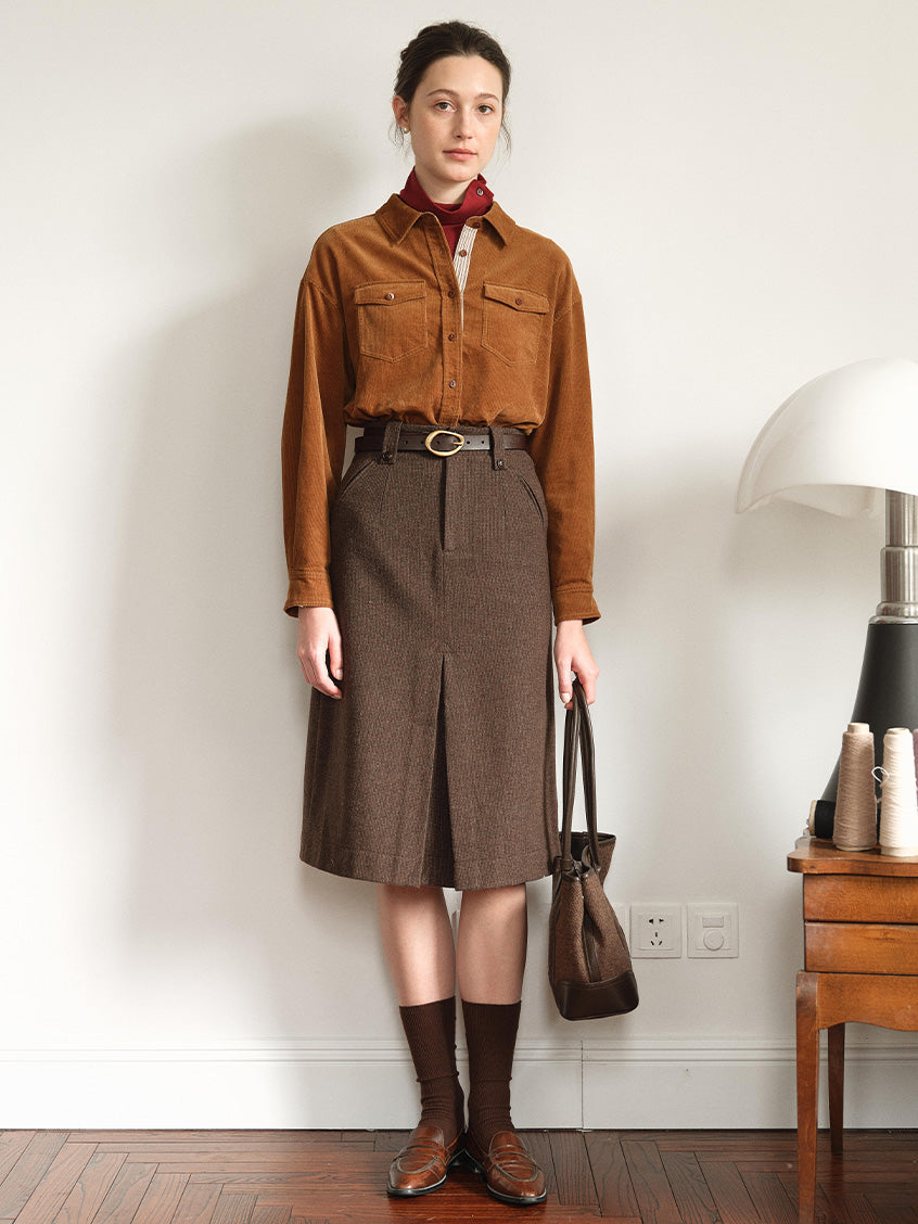 Zeta Pocket Button Front-Slit A-Line Midi Skirt