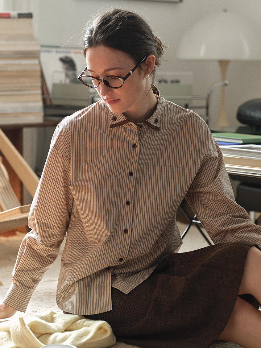 Aine 100%Cotton Contrast-Trim Pinstripe Shirt