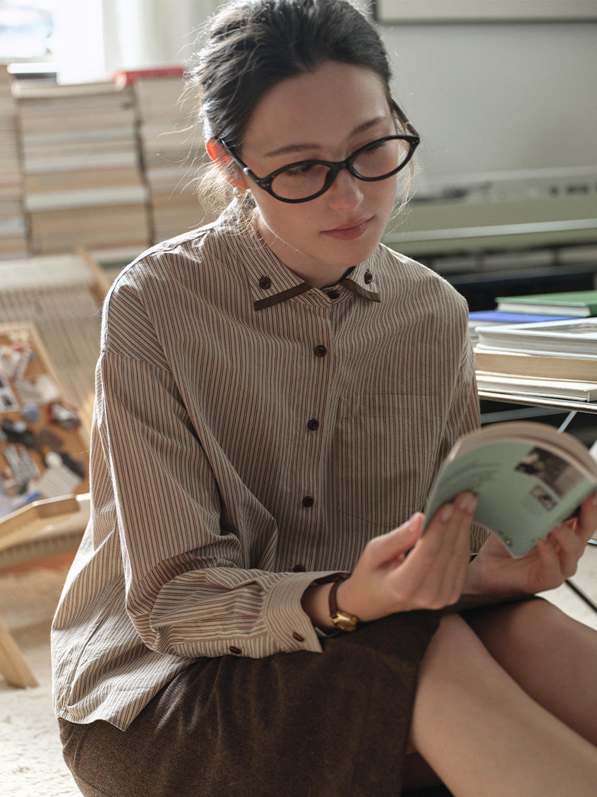 Aine 100%Cotton Contrast-Trim Pinstripe Shirt
