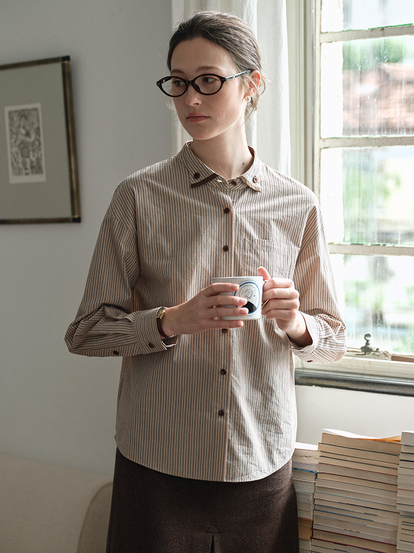 Aine 100%Cotton Contrast-Trim Pinstripe Shirt