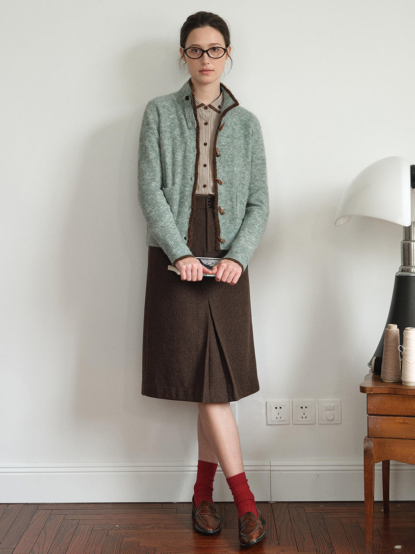 Kalliope Faux-Horn Button Contrast-Trim Cardigan