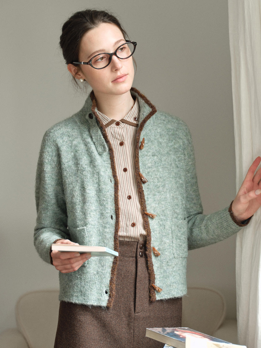 Kalliope Faux-Horn Button Contrast-Trim Cardigan