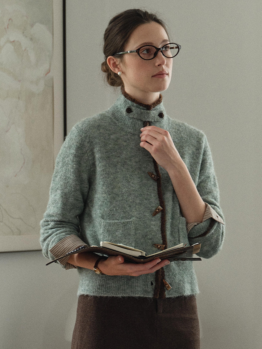 Kalliope Faux-Horn Button Contrast-Trim Cardigan