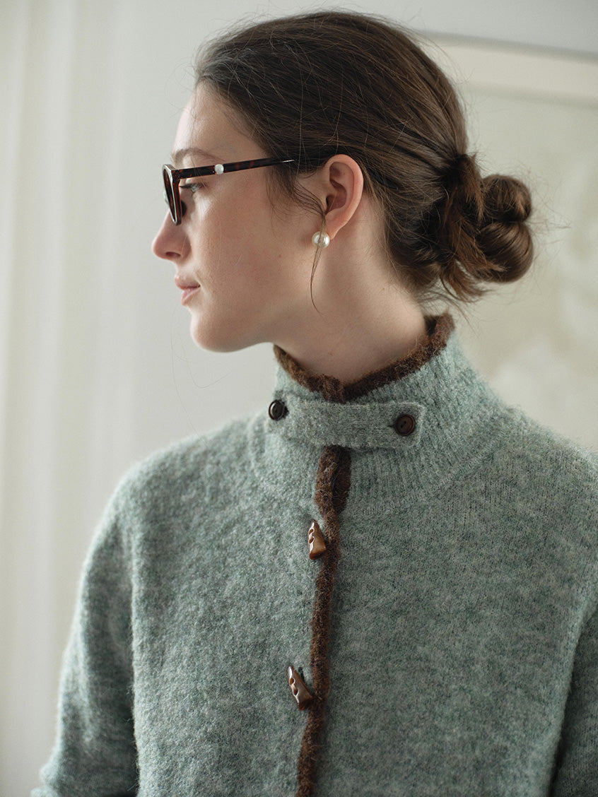 Kalliope Faux-Horn Button Contrast-Trim Cardigan