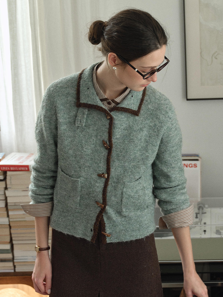 Kalliope Faux-Horn Button Contrast-Trim Cardigan