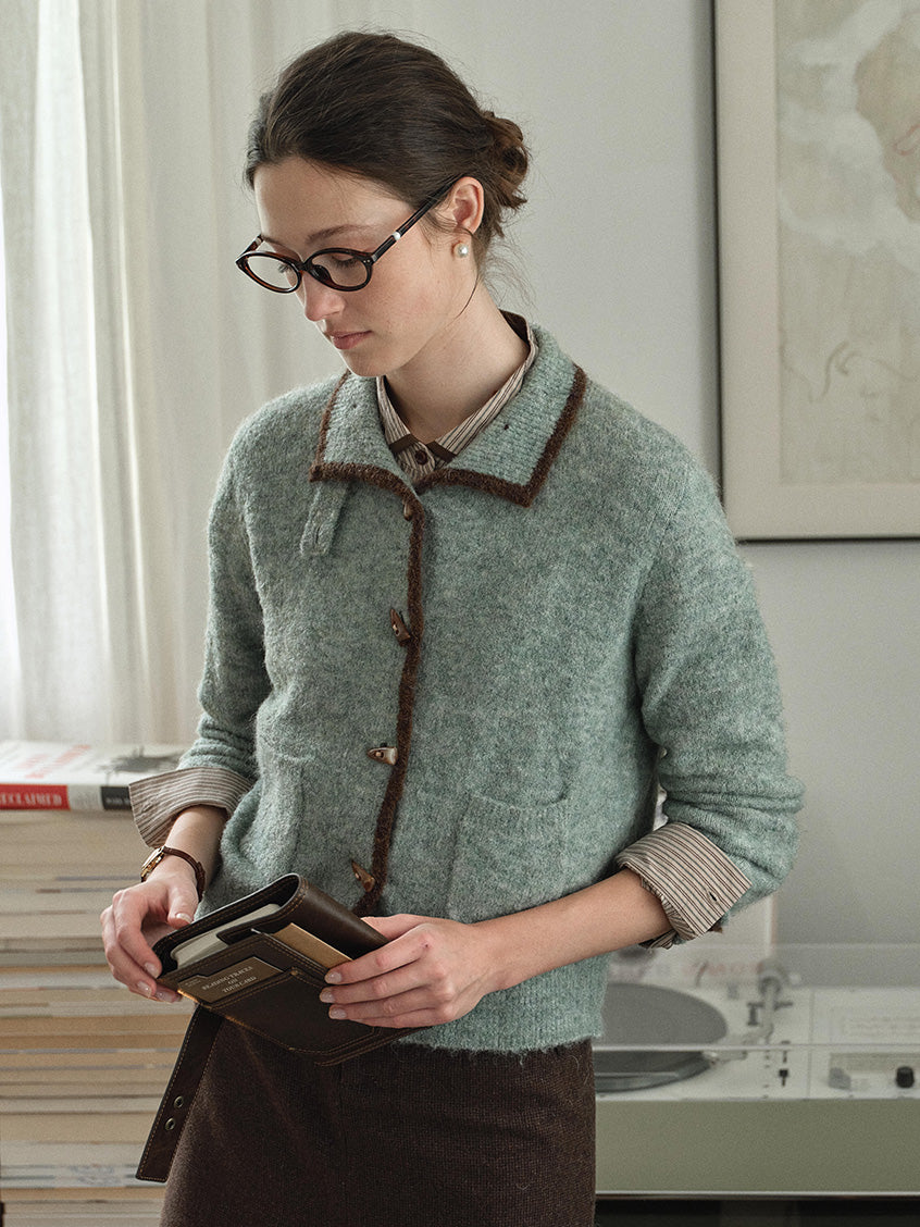 Kalliope Faux-Horn Button Contrast-Trim Cardigan