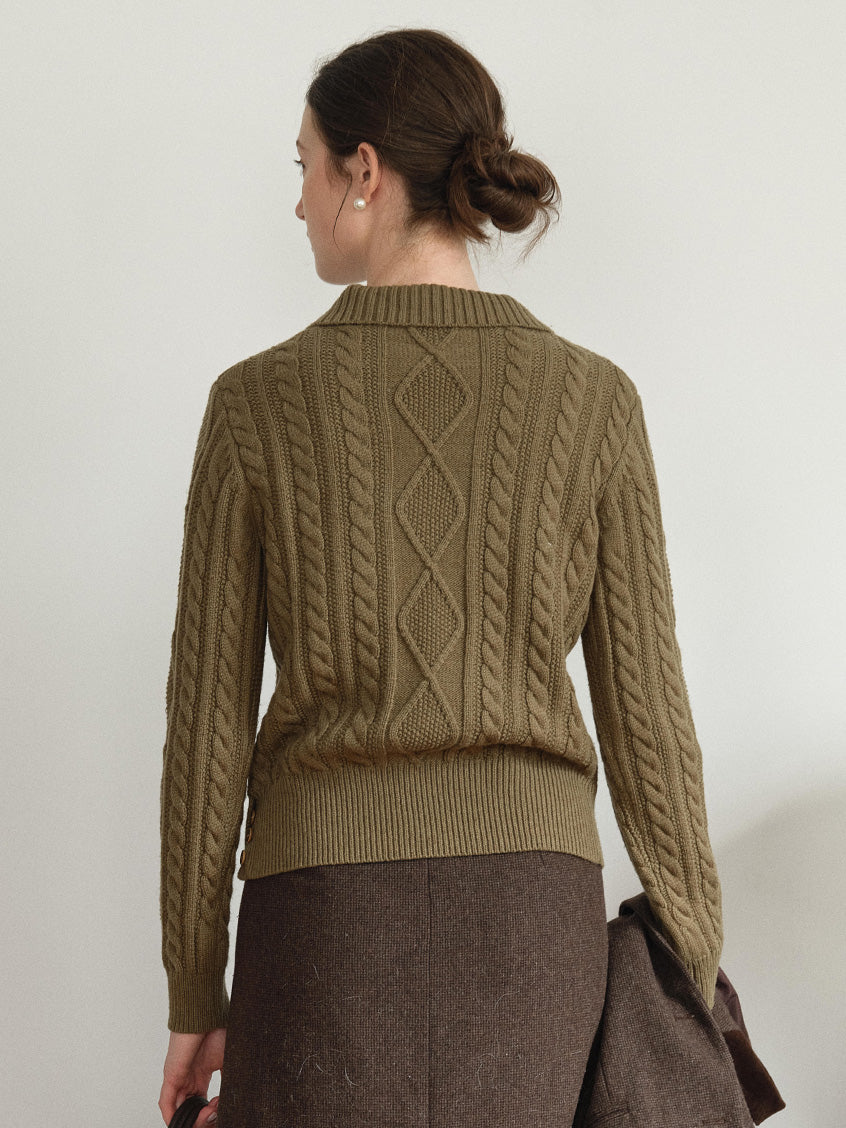 Zemira Lapel Collar Cable Knit Sweater