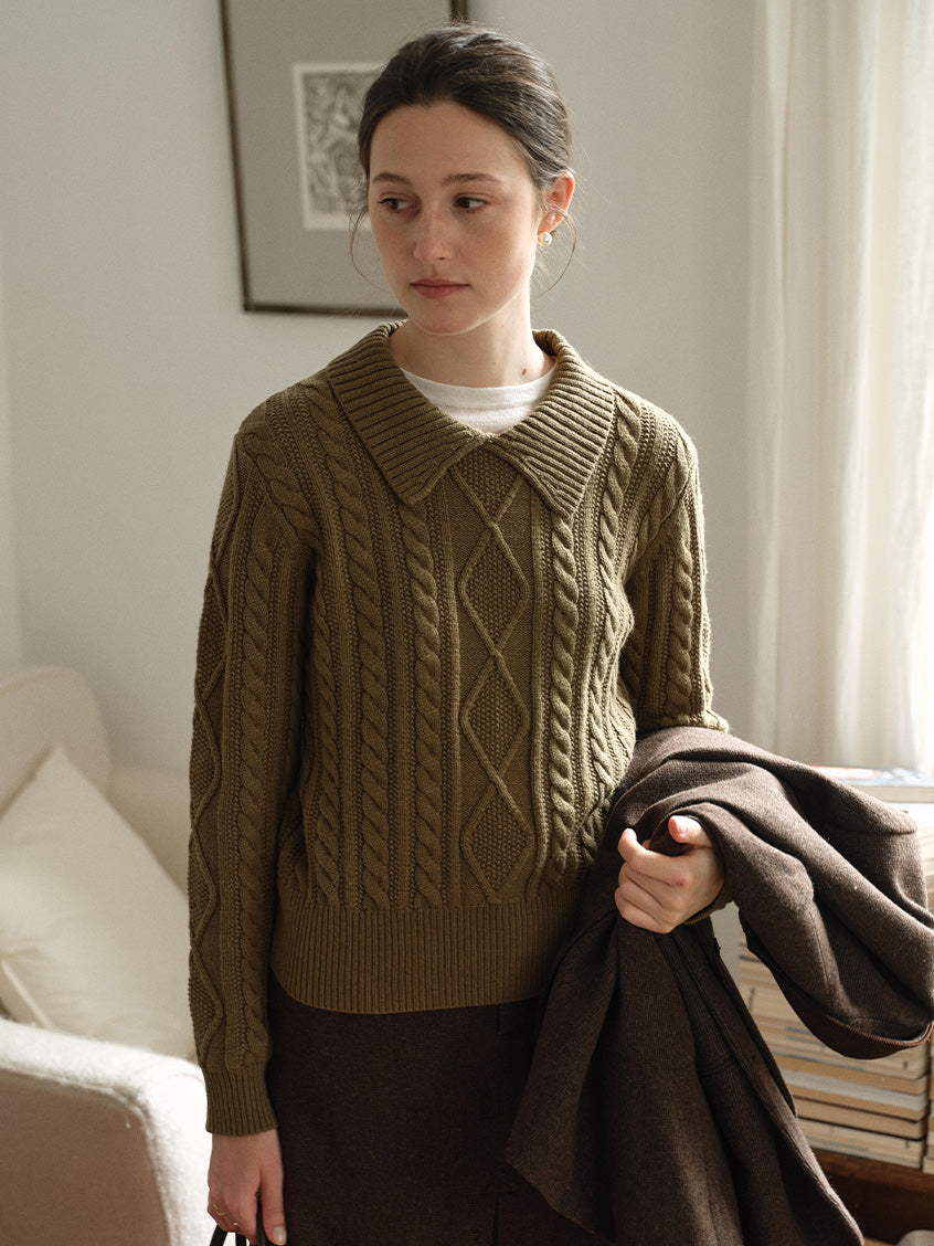 Zemira Lapel Collar Cable Knit Sweater