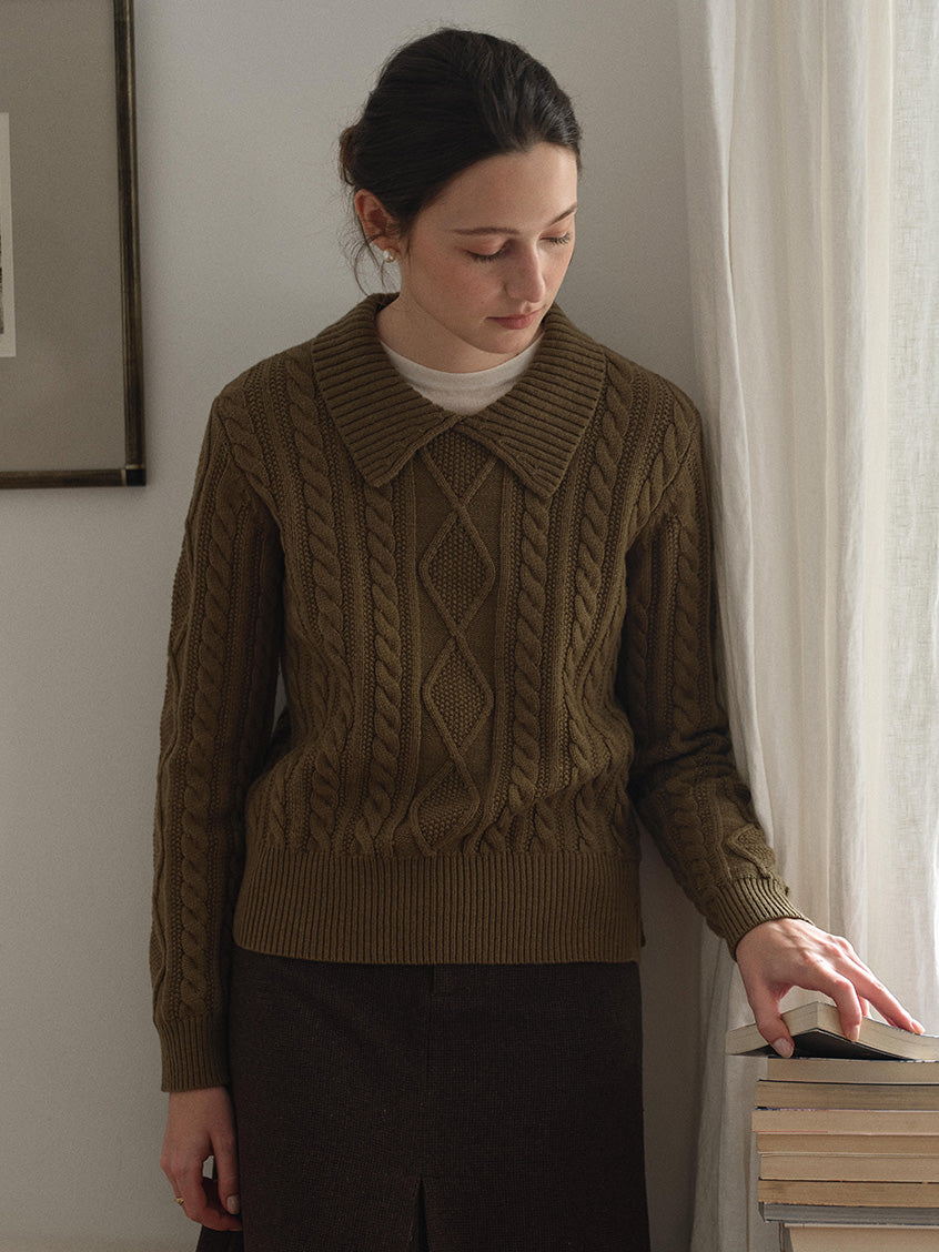 Zemira Lapel Collar Cable Knit Sweater