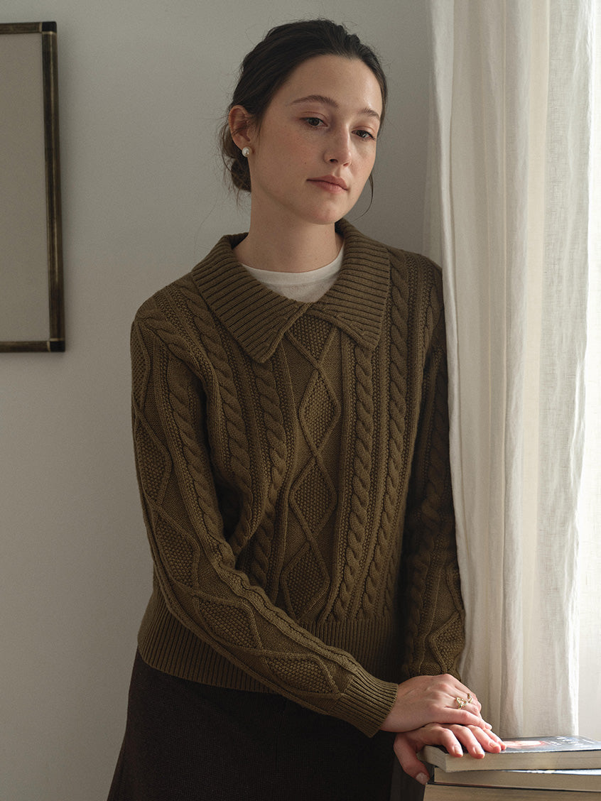 Zemira Lapel Collar Cable Knit Sweater