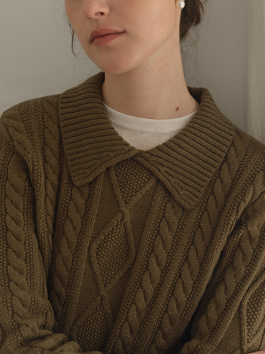 Zemira Lapel Collar Cable Knit Sweater