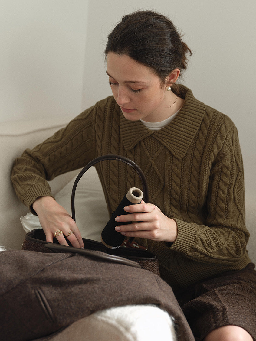 Zemira Lapel Collar Cable Knit Sweater
