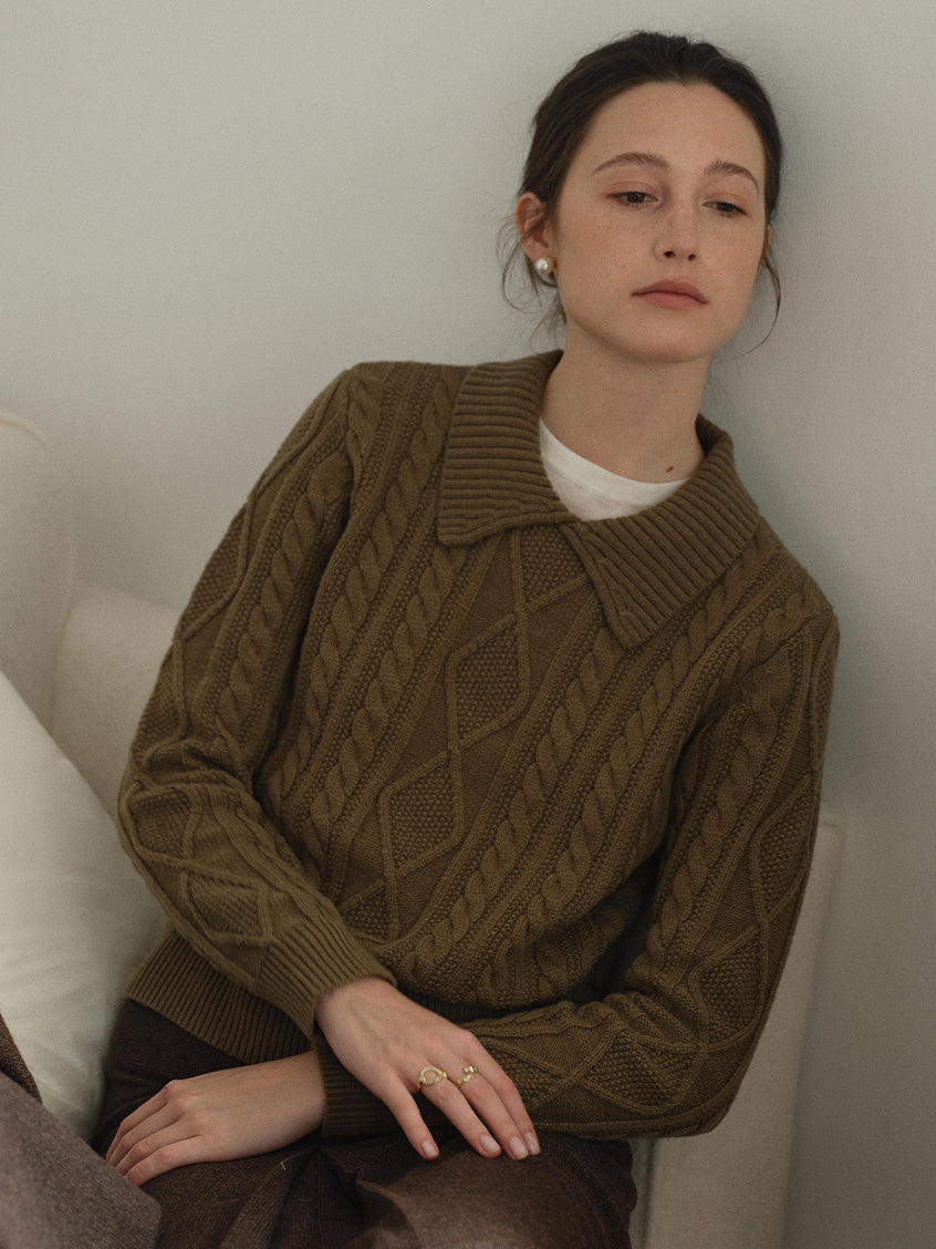 Zemira Lapel Collar Cable Knit Sweater