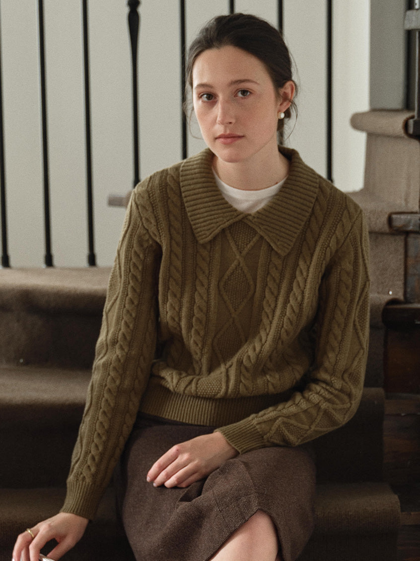 Zemira Lapel Collar Cable Knit Sweater