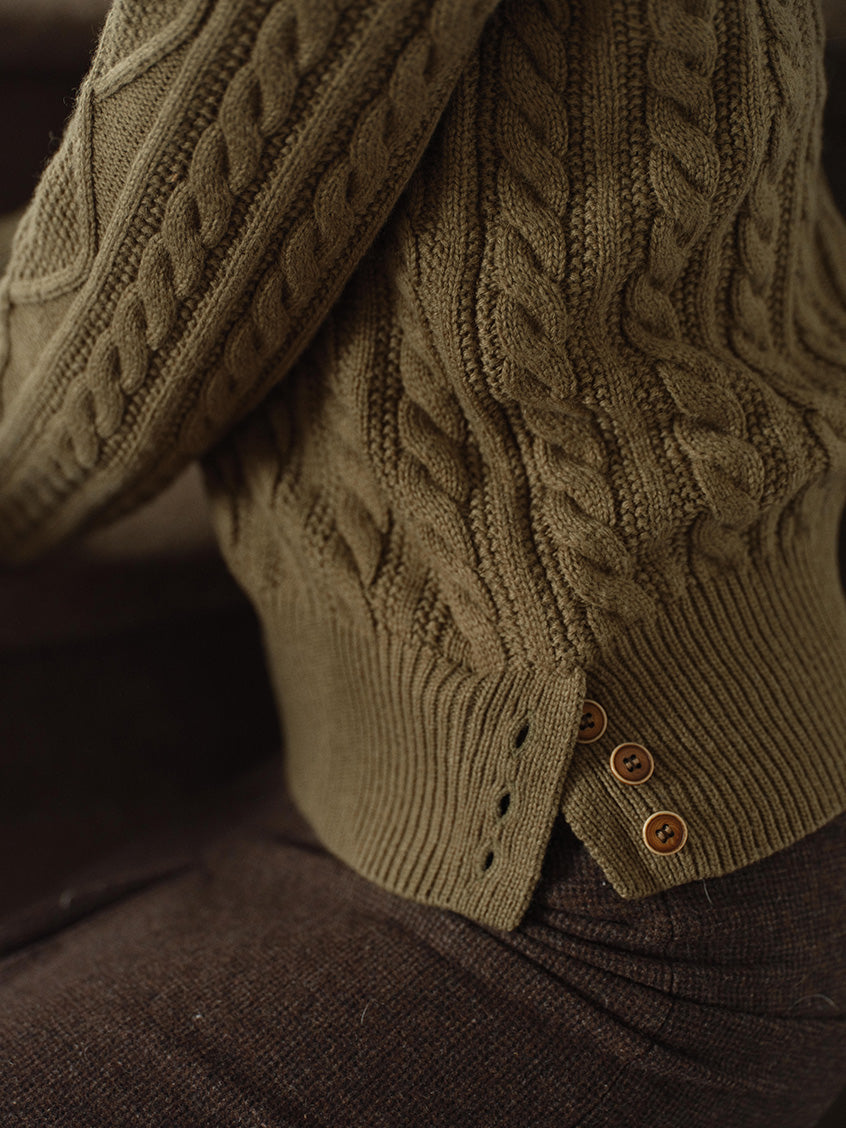 Zemira Lapel Collar Cable Knit Sweater