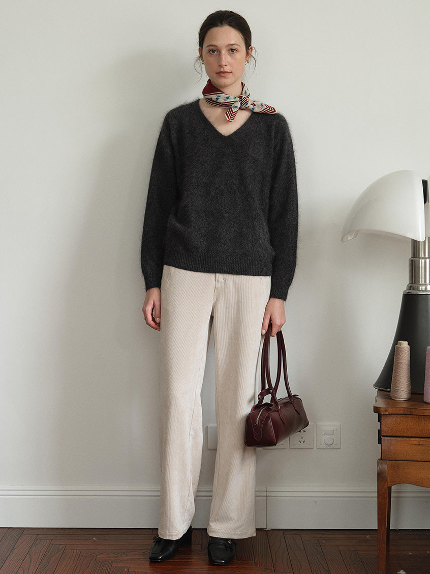 Alaiya V-Neck Lustrous Wool-Silk-Cashmere Sweater Grey