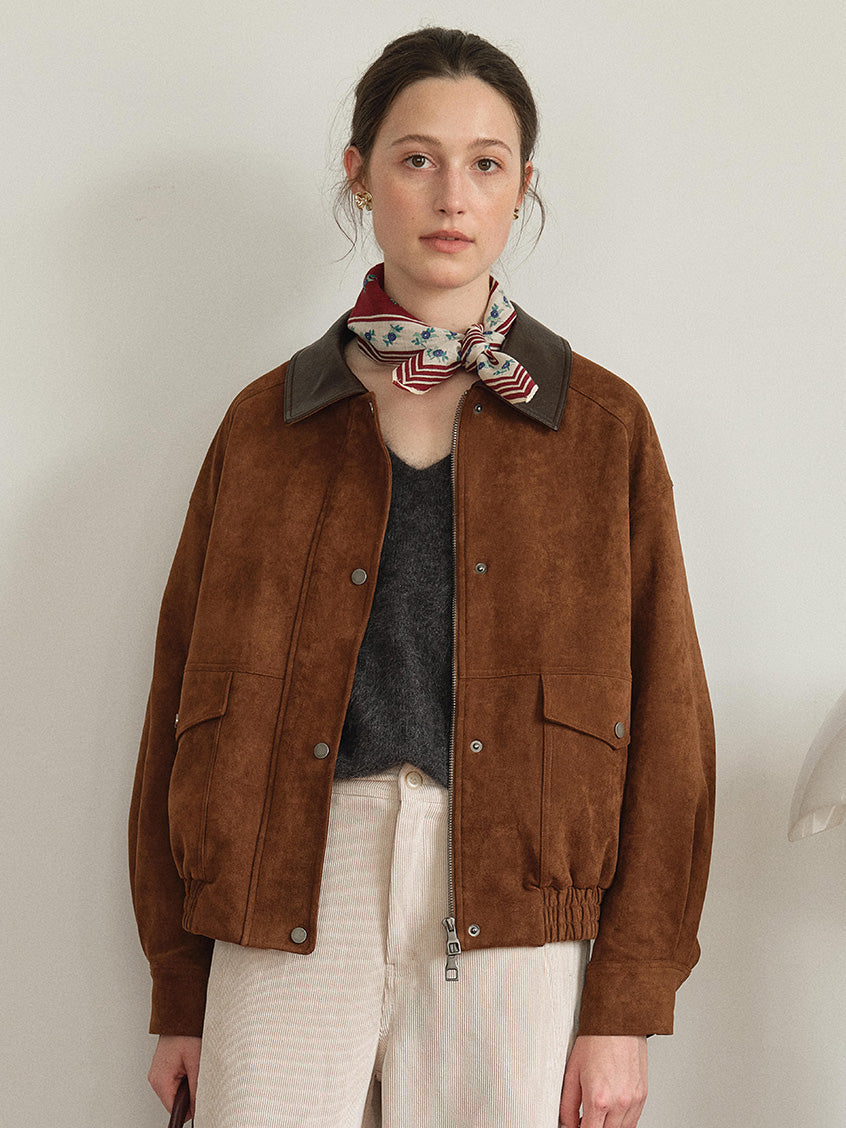 Lou Contrast-Collar Faux-Suede Zip Barn Jacket