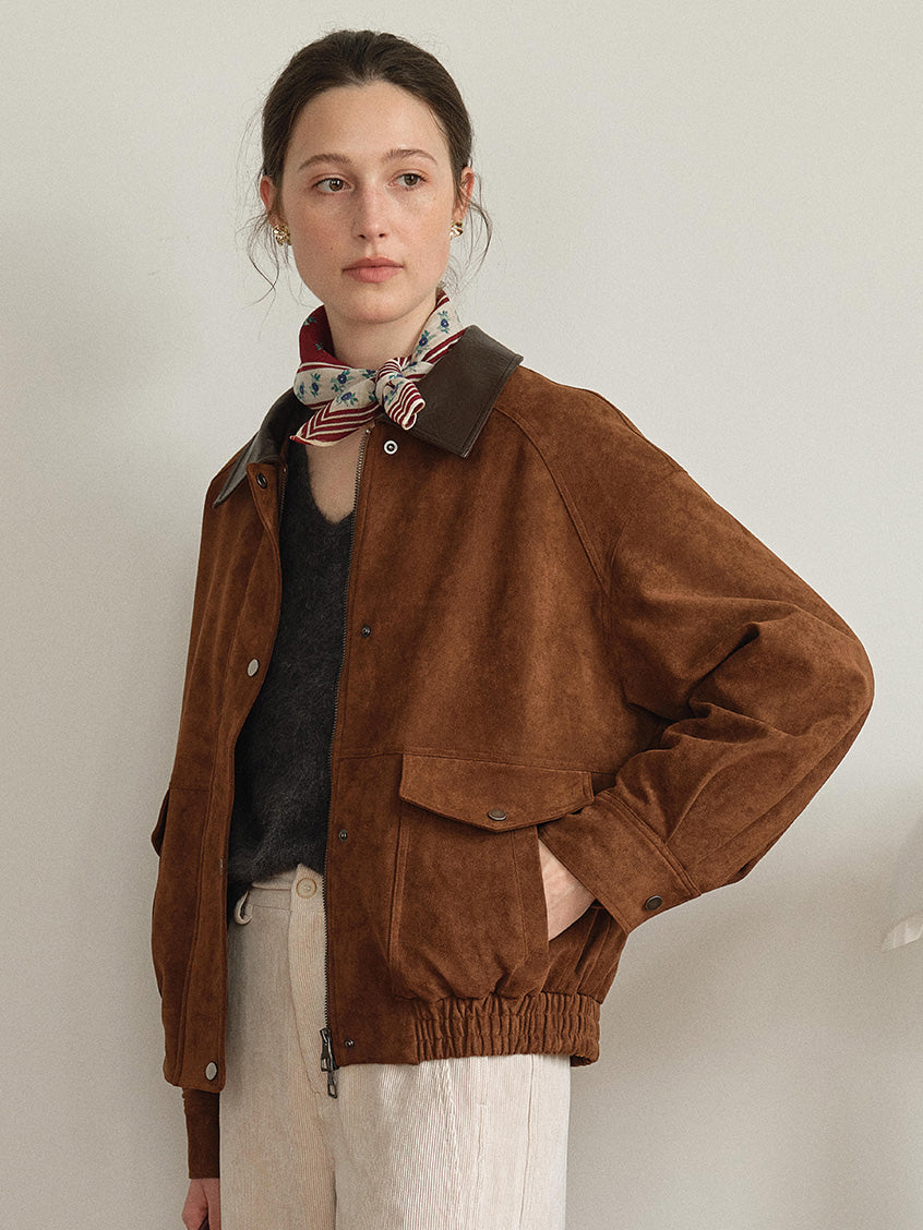 Lou Contrast-Collar Faux-Suede Zip Barn Jacket